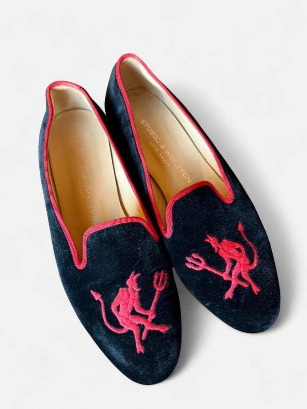 STUBBS & WOOTTON Whimsical Red Devil Embroidered Black Velvet Loafer Shoes